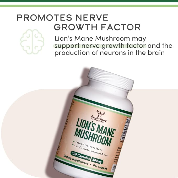 Lions Mane Supplement Mushroom Capsules (Two Month Supply - 120 Count) Lions Mane Mushroom for Brain Support and Immune Health (Third Party Tested, Grown and Encapsulated in The USA) by Double Wood