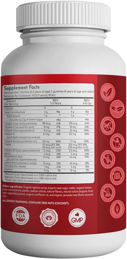 Organic Gummy MultiVitamins, Blend of 11 Essential Nutrients, for Kids and Adults, Vegan, 60 Count; Assorted Strawberry, Lemon, Orange Flavors