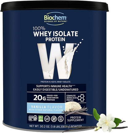 Biochem Whey Protein Isolate Powder - Vanilla Flavor, 20 Grams per Serving, Sourced from Grass Fed Cows, Non-GMO, Vegetarian, No Artificial Flavors or Sweeteners - Supports Muscle Mass & Performance