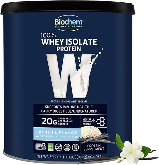 Biochem Whey Protein Isolate Powder - Vanilla Flavor, 20 Grams per Serving, Sourced from Grass Fed Cows, Non-GMO, Vegetarian, No Artificial Flavors or Sweeteners - Supports Muscle Mass & Performance