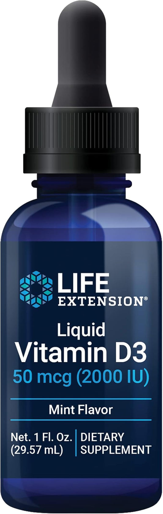 Life Extension Liquid Vitamin D3 (Mint), 50 mcg (2000 IU), Immune System Support, Bone Health, Whole-Body Health, Tasty Peppermint Flavor, Gluten Free, Non-GMO, 29.57 ml