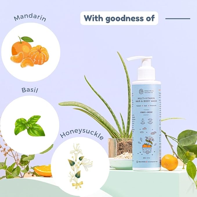 Little Rituals Baby Multi-Vitamin Body & Hair Wash - Tear Free + pH 5.5. Formulated with Best Plant Botanical - Honeysuckle, Basil, Mandarin. Natural, Organic, Dermat Tested(200ml)