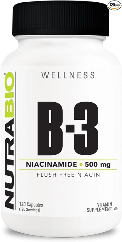 NutraBio Niacinamide Supplement for Normalized Blood Lipids, Better LDL & HDL Levels, Flush Free Vitamin B3, 500mg - 120 Vegetable Capsules