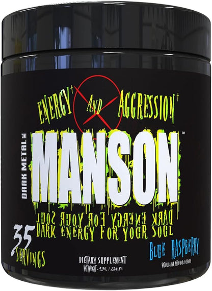 DARK METAL Inc. Manson High Stim Pre Workout Powder, Energy Focus Strength, Loaded with Beta Alanine L-Carnitine Caffeine Infinergy, 35 Srvgs, Blue Raspberry