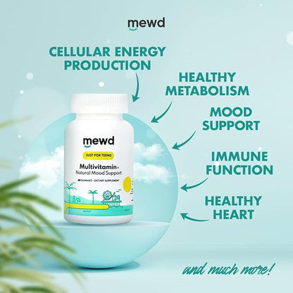 MEWD Teen/Kids Daily Multivitamin Gummy with Natural Mood Enhancer,Vegan,Immune System Booster Supplement,Kids Vitamin with Iron,Zinc,Gluten Free-Focus Vitamin for Kids-Brain Health-Made in USA