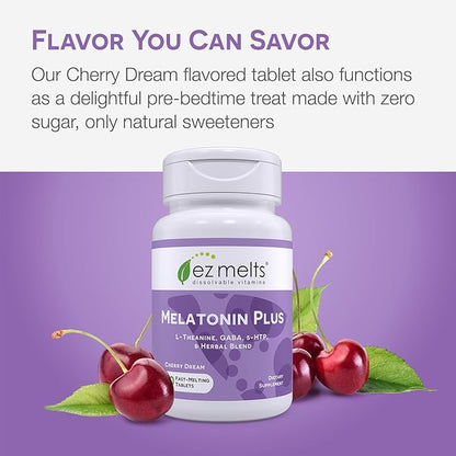 EZ Melts Dissolvable Melatonin Plus, Sugar-Free Sleep Support with Melatonin 5mg, L-Theanine, GABA, 5-HTP, and Herbal Blend, 60-Day Supply