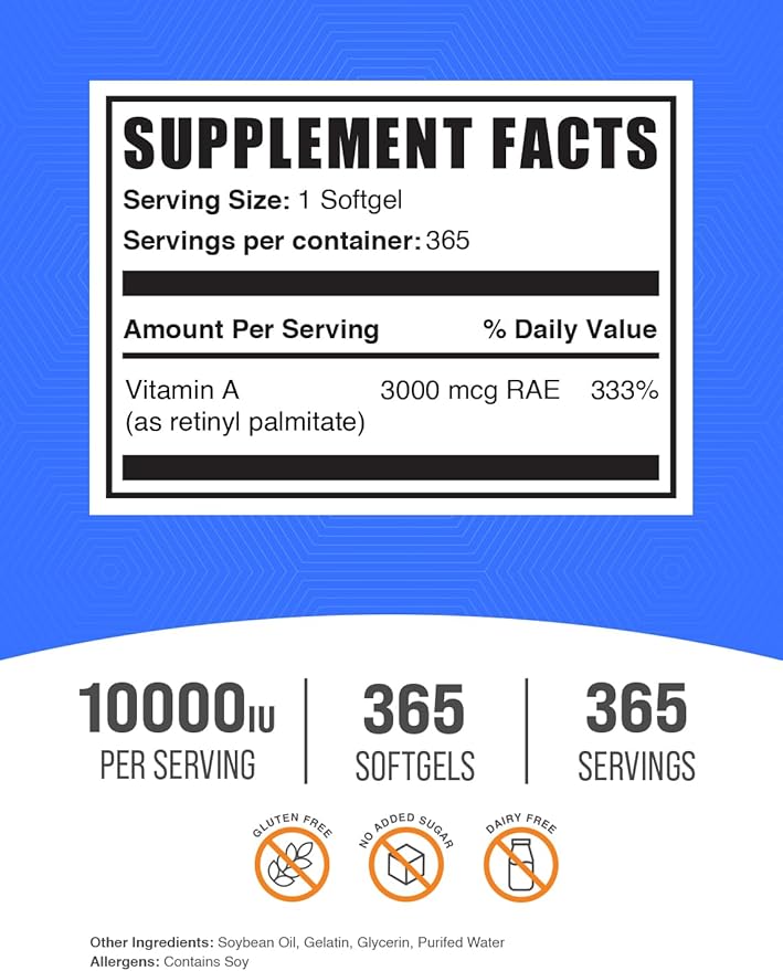 BulkSupplements.com Vitamin A 10000 IU Softgels - as Retinyl Palmitate, Vitamin A Supplement - for Eye & Immune Support, Gluten Free, 1 Softgel per Serving, 365 Count (Pack of 1)