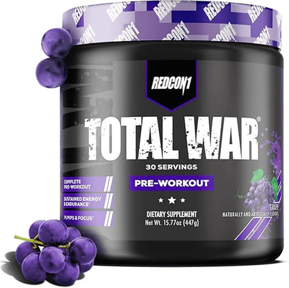 REDCON1 Total War Pre Workout Powder, Grape - Fast Acting Caffeinated Preworkout for Men + Women with Beta Alanine - Contains Citrulline Malate for Increased Pump, Blood Flow (30 Servings)