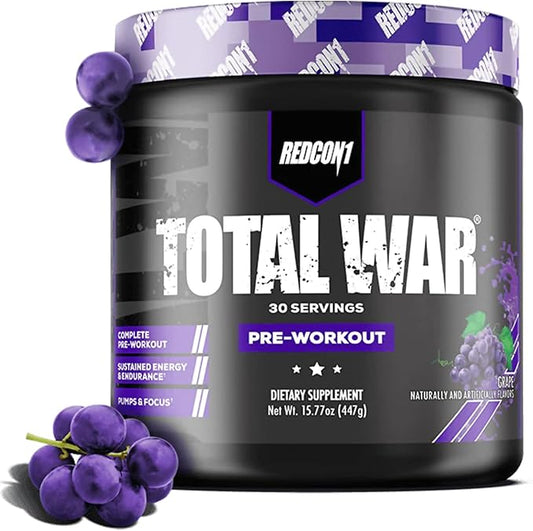 REDCON1 Total War Pre Workout Powder, Grape - Fast Acting Caffeinated Preworkout for Men + Women with Beta Alanine - Contains Citrulline Malate for Increased Pump, Blood Flow (30 Servings)