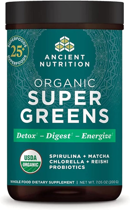 Super Greens Powder by Ancient Nutrition, Organic Superfood Powder with Probiotics Made with Spirulina, Chlorella, Matcha, and Digestive Enzymes, 25 Servings, 7.5oz