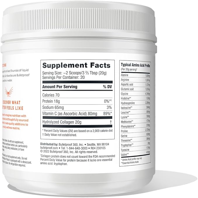 Bulletproof Unflavored Collagen Peptides Powder with MCT Oil, 14.3 Ounces, Grass-Fed Collagen Protein for Skin, Bone and Joint Support, Pasture Raised, No Added Hormones