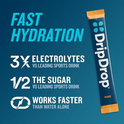 DripDrop Hydration - Tropical Variety Pack - Electrolyte Drink Mix Single Serve Hydration Powder Packets - Mango, Açaí, Passion Fruit, Piña Colada | Non-GMO, Gluten Free, Vegan | 32 Sticks