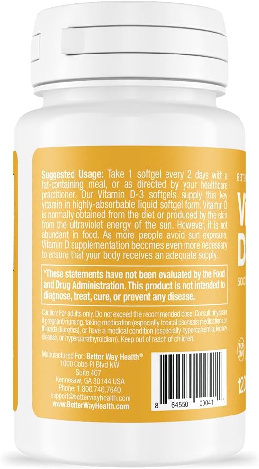 Better Way Health Vitamin D3-5,000 IU Softgel - High Potency Formula, Supports Bone Health & Immune System - 120 Softgels of Vitamin D3 - Non-GMO, Dairy Free