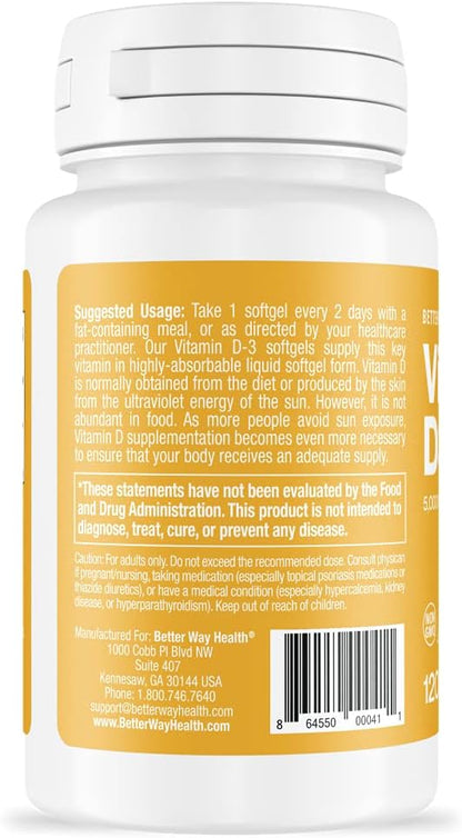 Better Way Health Vitamin D3-5,000 IU Softgel - High Potency Formula, Supports Bone Health & Immune System - 120 Softgels of Vitamin D3 - Non-GMO, Dairy Free