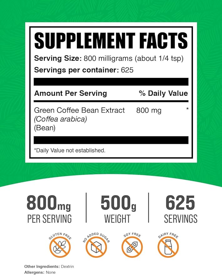 BulkSupplements.com Green Coffee Bean Extract Powder - Green Coffee Bean Supplements, Green Coffee Bean Powder - Energy Support, Gluten Free, 800mg per Serving, 500g (1.1 lbs) (Pack of 1)