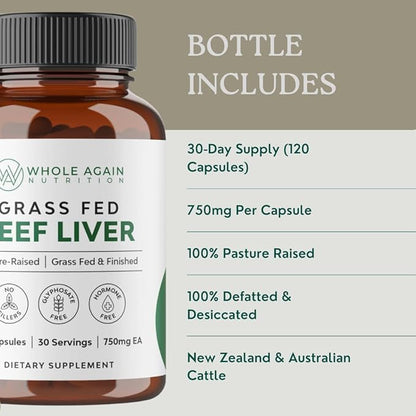 Grass Fed Beef Liver Capsules - 100% Pasture Raised - No Fillers or Flow Agents - 120 Count 3,000mg Serving - 30-Day Supply - Iron and Energy - Grass fed Desiccated Liver Supplement