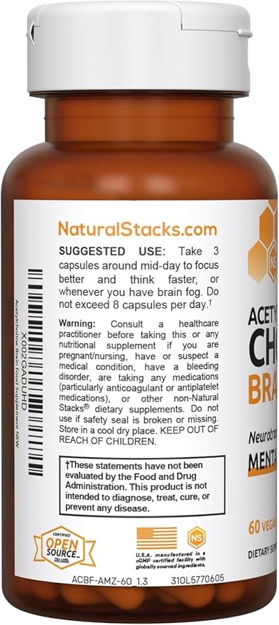 NATURAL STACKS Acetylcholine Brain Food with Alpha GPC Choline - Supports Mental Clarity - GPC Supplement & Focus Supplement for Faster Thinking & Clear Brain - 120 Acetylcholine Capsules