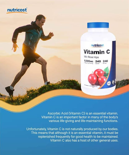 Nutricost Vitamin C with Rose HIPS 1025mg, 240 Capsules - Vitamin C 1,000mg, Rose HIPS 25mg, Premium, Non-GMO, Gluten Free Supplement