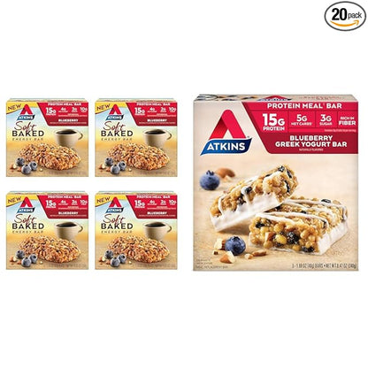 Atkins Blueberry Soft Baked & Greek Yogurt Protein Meal Bars, 15g Protein, 2-3g Sugar, High Fiber, Low Carb, 4 Packs (20 Bars) & 5 Count