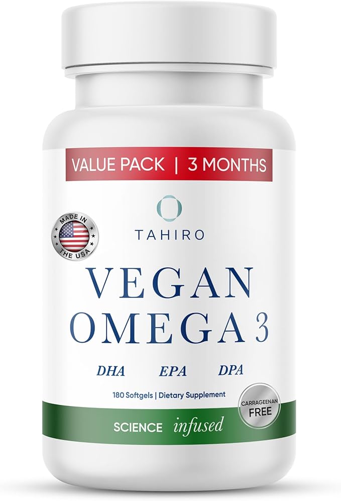 TAHIRO Vegan Omega-3 Softgels - Plant-Based Supplement with DPA, DHA & EPA - Nutrients for Men, Women and Pregnant Women - Supports Brain Health - Prenatal & Joint Supplements, 1000mg