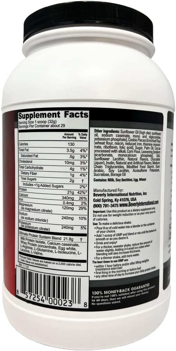 Beverly International UMP Protein Powder, Cookies & Cream. Unique Whey-Casein Ratio Builds Lean Muscle. Easy to Digest. No Bloat. (32.8 oz) 2lb .8 oz