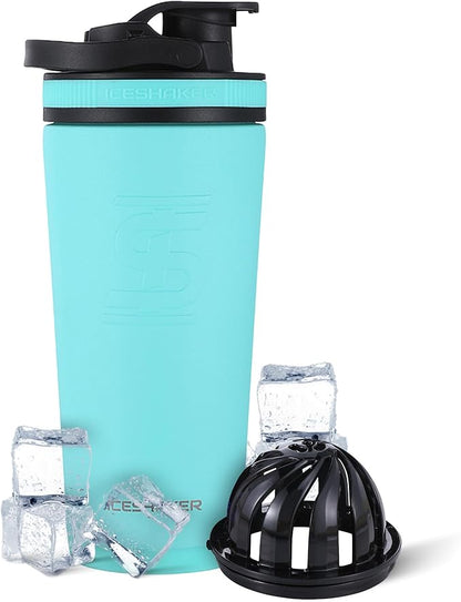 Ice Shaker Insulated Stainless Steel Shaker Bottle | 26oz, Mint | Cold for 30+ Hours | Insulated Cup with Twist-on Agitator | Odor-Free Shaker Cup for Protein Shakes, Water, Smoothies, Cocktails