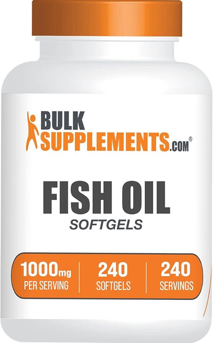 BulkSupplements.com Fish Oil 1000mg Softgels - Fish Oil Omega 3, Fish Oil Supplements, Fish Oil Pills - Gluten Free, 1 Softgel per Serving, 240 Softgels (Pack of 1)