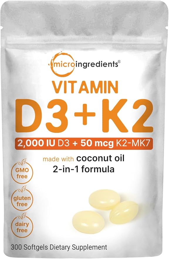 Vitamin D3 2,000 iu Plus K2 (MK-7) 50 mcg, 300 Virgin Coconut Oil Softgels | 2 in 1 Vitamins D & K Complex | Supports Calcium Absorption, Bone, Immune, & Heart Health – Easy to Swallow