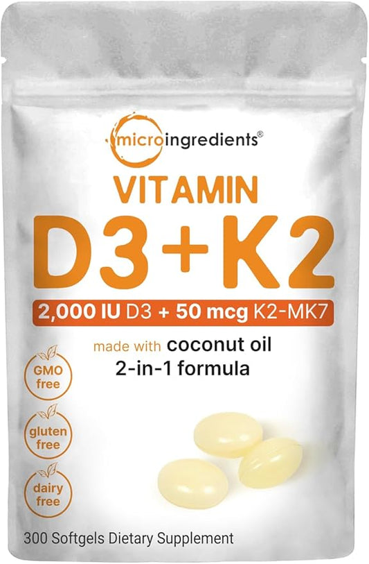 Vitamin D3 2,000 iu Plus K2 (MK-7) 50 mcg, 300 Virgin Coconut Oil Softgels | 2 in 1 Vitamins D & K Complex | Supports Calcium Absorption, Bone, Immune, & Heart Health – Easy to Swallow