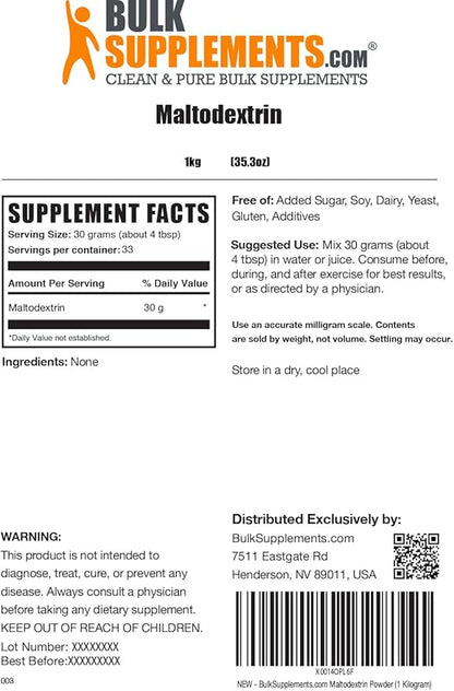 BulkSupplements.com Maltodextrin Powder - Maltodextrin Supplement for Energy Boost, Maltodextrin Food Grade - Unflavored & Gluten Free, 30g per Serving, 1kg (2.2 lbs) (Pack of 1)