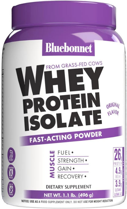 Bluebonnet Nutrition Whey Protein Isolate Powder from Grass Fed Cows, No Sugar Added, Gluten & Soy Free, Kosher Dairy, 17.6 Oz