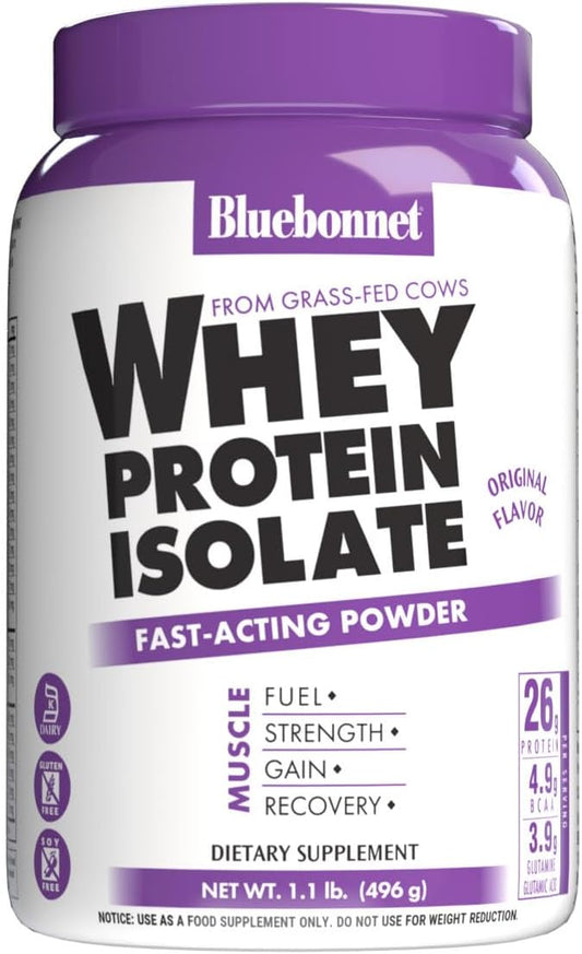Bluebonnet Nutrition Whey Protein Isolate Powder from Grass Fed Cows, No Sugar Added, Gluten & Soy Free, Kosher Dairy, 17.6 Oz