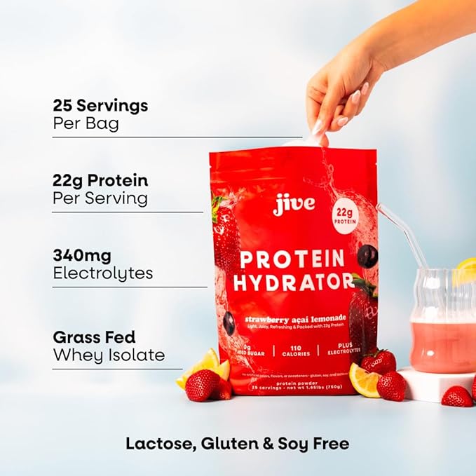 Jive Protein Hydrator Clear Protein Powder - 25 Servings, 22g Protein, 110 Calories & w/Electrolytes - Strawberry Acai Lemonade - Grass Fed Clear Whey Isolate Protein - Clear Whey Protein Powder