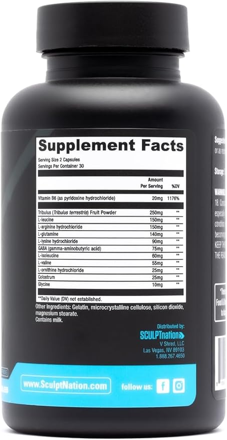 Sculpt Nation by V Shred L Arginine, Tribulus Terrestris & Amino Acids for Energy, Performance, and Vitality Support, Lean Body Mass and Recovery Support - 60 Gluten Free Capsules