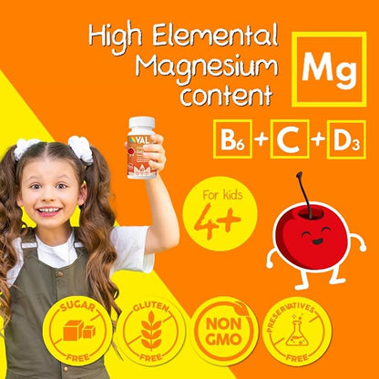 Chewable Magnesium for Kids, Relaxation and Calm Formula, Glycinate, Citrate, Taurate, Vitamin B6, D, C, Natural Cherry Flavor, Sugar Free, Gluten Free, Non-GMO, 60 Chewable Tablets