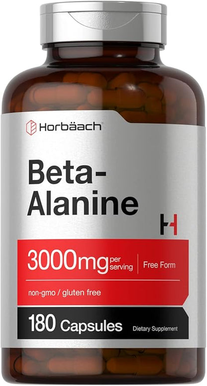 Horbäach Beta Alanine Capsules | 3000mg | 180 Count | Non-GMO, Gluten Free Supplement
