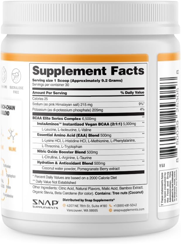 Snap Supplements Plant-Based BCAA Powder with Nitric Oxide Booster, No Artificial Flavors, Support Muscle Strength and Recovery, 30 Servings