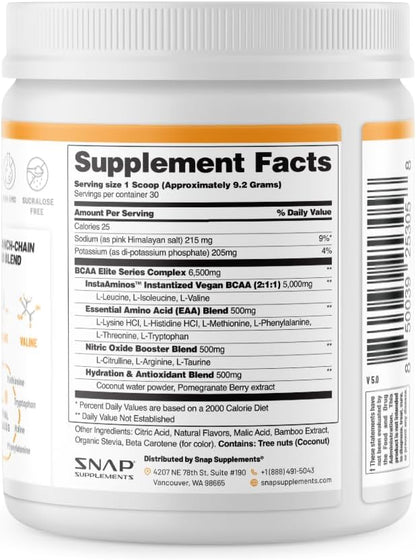 Snap Supplements Plant-Based BCAA Powder with Nitric Oxide Booster, No Artificial Flavors, Support Muscle Strength and Recovery, 30 Servings