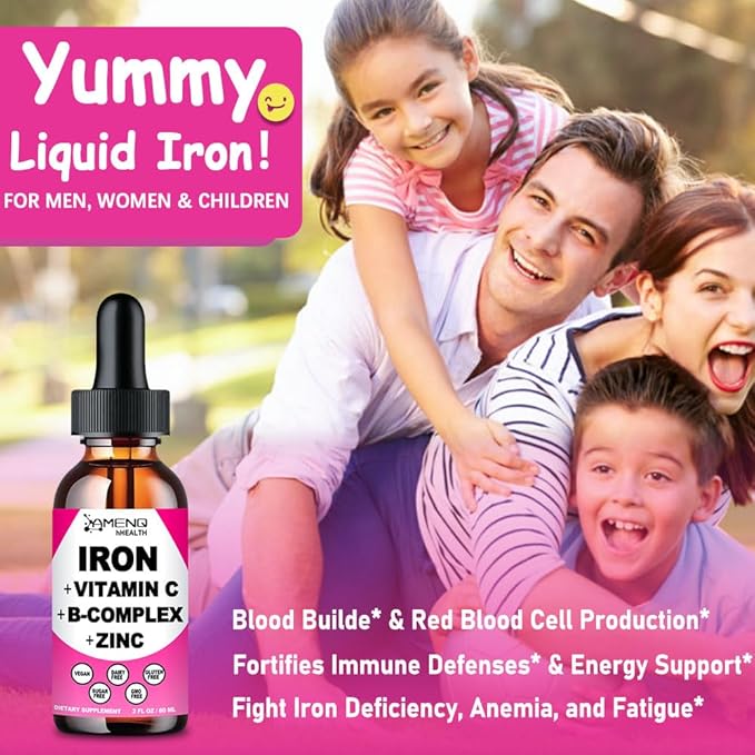 Iron Supplement for Women Men & Kids, Iron Vitamin C, A, B-Complex, Vegan Iron Drops High Potency Liquid Vitamin & Iron Supplements for Anemia, Red Blood Cell, Energy, Blood Builder, Gentle Iron
