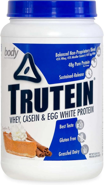 Body Nutrition Trutein High Protein Powder: 45% Whey, 45% Casein, 10% Egg White, Gluten-Free, Low Sodium, Grass Fed Whey Protein Powder, Gym Supplement & Breakfast Shake, Pumpkin Pie, 2lb