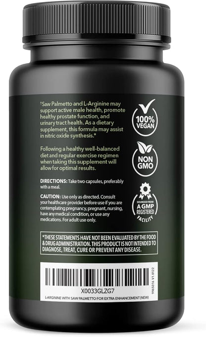 L Arginine Saw Palmetto for Men Prostate Supplement - Nitric Oxide (NO) & Prostate Support Supplement for Ultimate Male Health - Endurance Performance & Urinary Health - Vegan, 60 Count 1 Month Supply