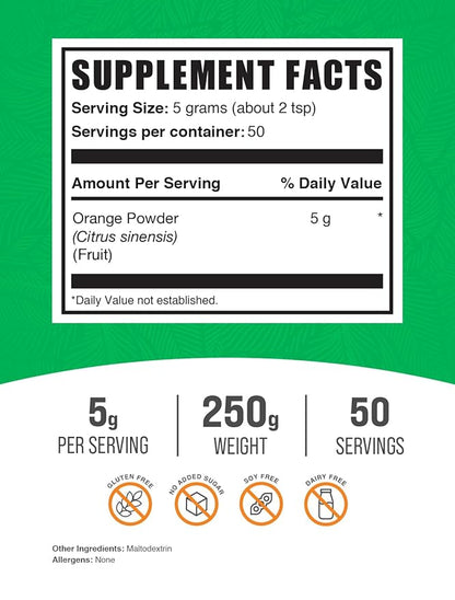 BulkSupplements.com Orange Powder - Orange Fruit Powder, Orange Supplement Powder - Nutrient-Rich Flavoring, Gluten Free, 5g per Serving, 250g (8.8 oz) (Pack of 1)