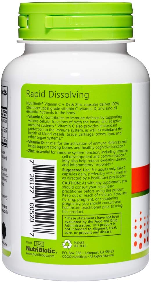 NutriBiotic – Vitamin C + Vitamin D3 & Zinc, 100 Capsules | Potent, Comprehensive Immune Support | Essential & Antioxidant Daily Supplement | Gluten & GMO Free
