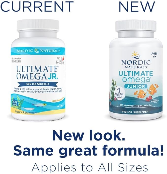 Nordic Naturals Ultimate Omega Jr., Strawberry - 120 Mini Soft Gels - 680 Total Omega-3s with EPA & DHA - Brain Health, Mood, Learning - Non-GMO - 60 Servings