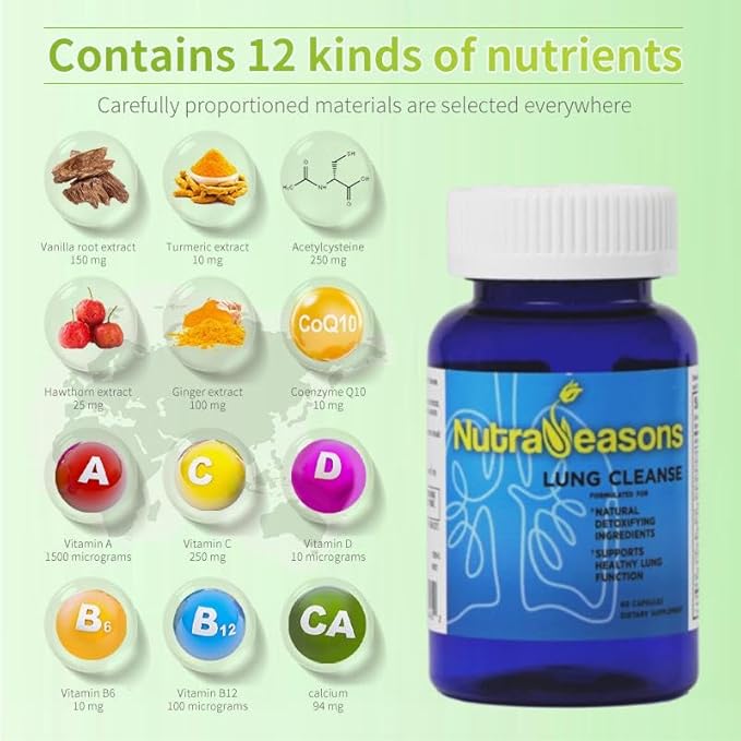 NutraSeasons Lung & Bronchial Cleanse & Detox | Respiratory Health | Immune Support | 12 Purify Ingredients | Ginger, Hawthorn Berry, Turmeric, Elecampane Root Extract, Vit A, C, D3, B6, B12 | 60 Caps