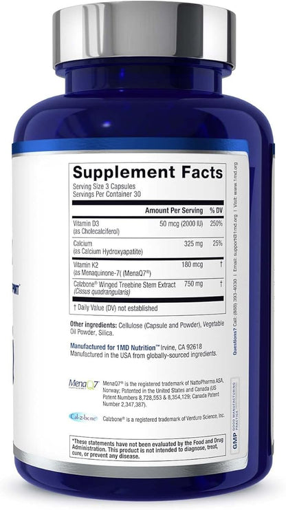 1MD Nutrition OsteoMD for Comprehensive Bone Support | with Calcium Hydroxyapatite, Vitamin D3 & K2 | 180 Capsules (2-Pack)