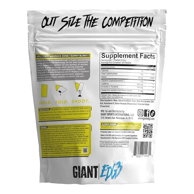 Giant Edge Series Giant Blast - On the Go Energy Formula, Caffeinated Energy Shot with Glycerol and Nootropics for Energy & Endurance (Citrus Berry, 20 Pack)