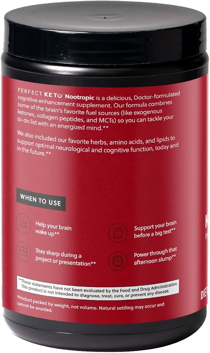 Perfect Keto Nootropic Brain Support, Caffeine Free Focus and Energy Supplement with Alpha Lipoic Acid, L Theanine, Ginkgo Biloba, Alpha GPC, MCT's, Collagen, Ketones, Chocolate Drink Mix, 15 Servings
