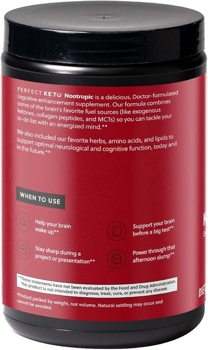 Perfect Keto Nootropic Brain Support, Caffeine Free Focus and Energy Supplement with Alpha Lipoic Acid, L Theanine, Ginkgo Biloba, Alpha GPC, MCT's, Collagen, Ketones, Chocolate Drink Mix, 15 Servings