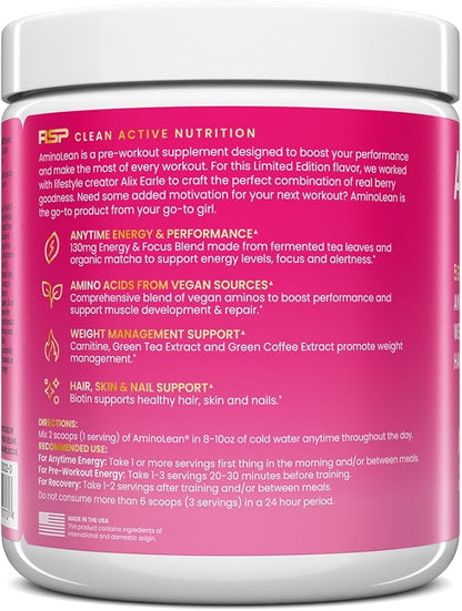 RSP NUTRITION AminoLean Pre Workout, Clean Energy with No Jitters, Tingles or Crash, Vegan Friendly with Added Biotin for Hair, Skin, Nails, Berry Elixir, 30 Servings